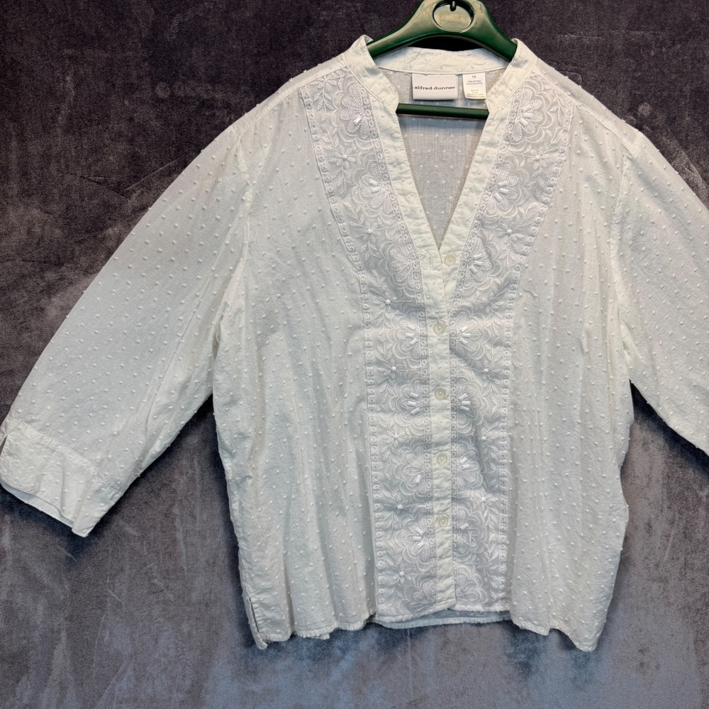 Alfred Dunner Cotton Blouse Womens 18 White Swiss Dot Embroidered Cottagecore